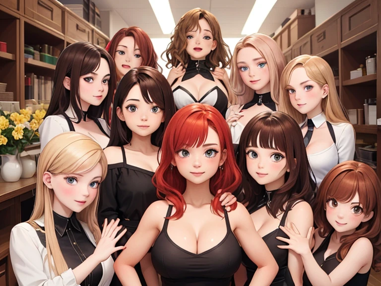 (Best quality, masterpiece), group photo of 8 very different beautiful students, different emotions, Free poses, Different hair colors(among them there is only one red-haired girl, 3 blondes, 2 brown-haired and 2 brunettes), Different hairstyles, different hair lengths, different eye colors, Different physiques, Different breast sizes, (There's definitely 1 modest little Asian brunette with a flat chest, 1 muscular blonde athlete with short hair, 1 long haired redhead, 1 shameless brunette hippie with pigtails, 1 effeminate brown-haired young man with a flat chest, 1 short shameless brown haired lesbian with huge breasts), graduation photo album, beautiful faces, upper body