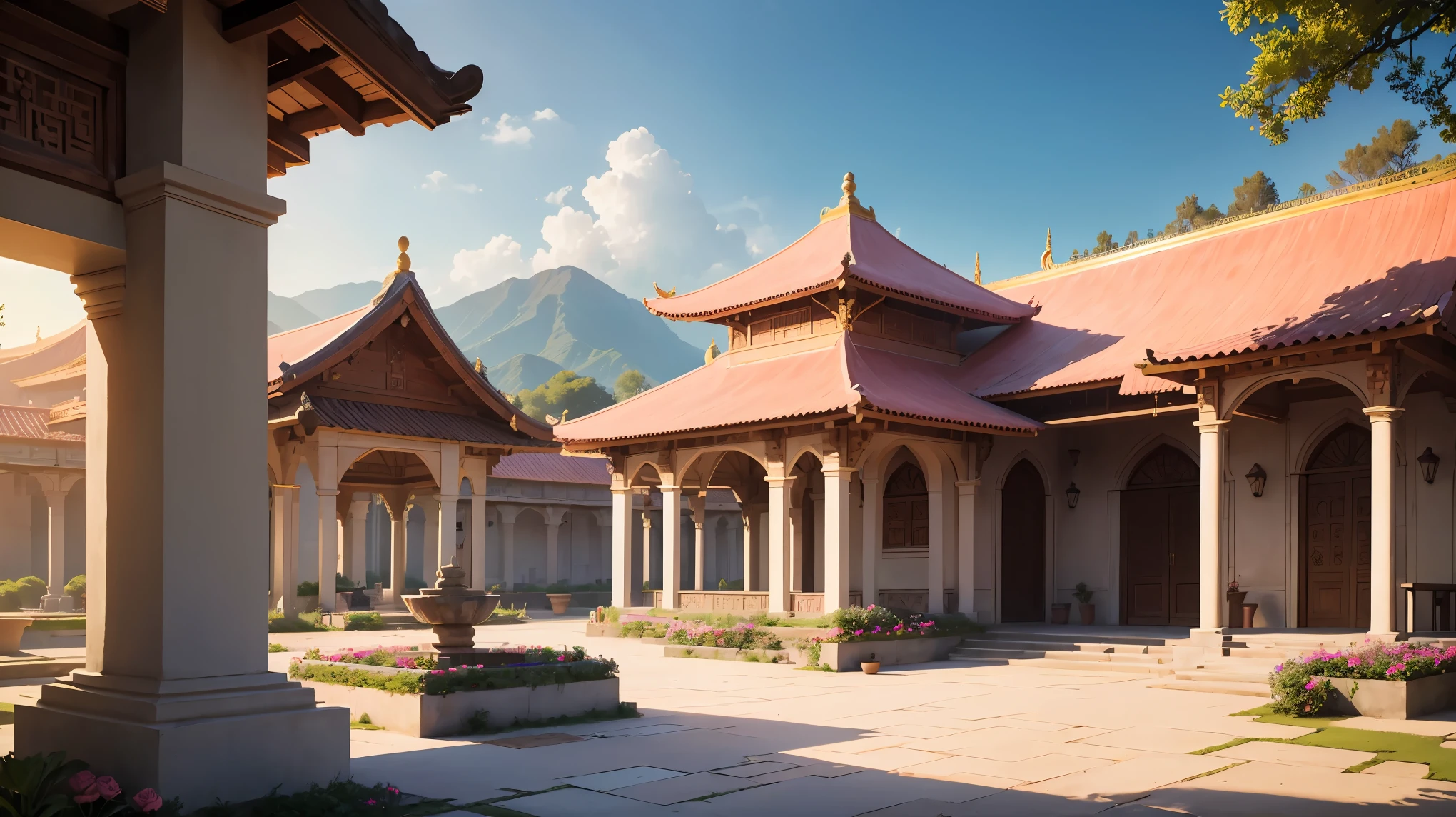 Imagine a majestic kingdom, situated in a lush green valley surrounded by mountains, with a deep blue sky and golden sunlight.Royal Palace: Located in the center, the palace is made of pink marble, with tall towers and flower-shaped domes decorated with sparkling crystals. Hanging gardens with exotic plants and crystal-clear water cascades run down the sides of the palace. Rose petals float in the air, creating an ethereal ambiance.Temples and Sanctuaries: Scattered across the kingdom, with a large temple near the palace. Buildings with elegant arches and columns adorned with carvings of flowers and mystical symbols. Pink crystal altars and colorful stained glass windows.Library and Knowledge Center: Located on a hill next to the palace, is an imposing building with arched entrances and shelves filled with ancient parchments and books. Reading rooms lit by chandeliers, with marble tables and comfortable chairs.residences: Arranged in community villages around the palace and temples. stone and wooden houses, painted in soft shades of pink and white, with thatched roofs or ceramic tiles. Private gardens with colorful plants and flowers, outdoor living areas.public spaces: Central squares and community gardens spread across the kingdom, with stone paths, carved benches and flower beds. Rose petals float in specific patterns, water fountains that make the petals dance, and open-air markets with tents selling crafts.Training Centers and Academy: Located on the outskirts of villages, surrounded by nature. Open courtyards for outdoor training, with areas for practicing skills and exercises. Training camps with obstacles made from hardened rose petals, meditation rooms with petal walls that emit a gentle vibration.