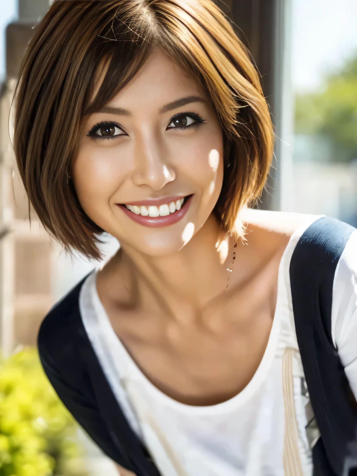 grin, pixie cut, depth of field, first-person view, uhd, anatomically correct, high details, best quality, 8k, One Japanese woman、30 years old、Close-up photo with focus on face、Black Background、Focused eyes、Detailed eyes、Detailed face、Light brown hair、White T-shirt、Brown eyes、Smiling with teeth showing、