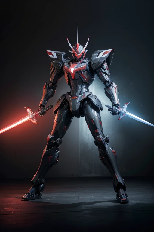 A robot, FranXX, machine, its color is red with black details, has a sword in each hand, with characteristics of a combat robot, large, it is not human, completely machine, with green design, he is holding two swords, one in each hand, he is doing an attack pose, He doesn't have horns or anything like that