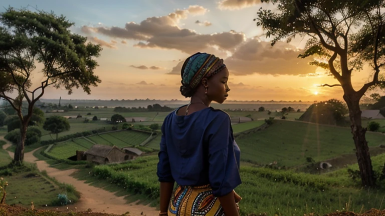 An African woman standing at the edge of a village, watching the sunrise over lush fields, with a sense of peace and fulfillment.