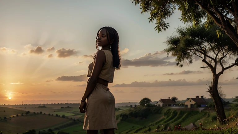 An African woman standing at the edge of a village, watching the sunrise over lush fields, with a sense of peace and fulfillment.