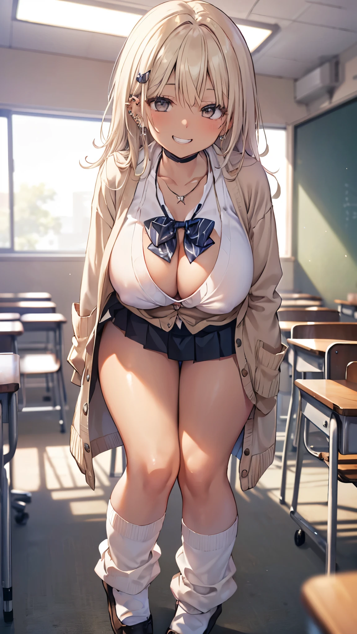 nsfw,masterpiece,ultra detailed,8k,navy school sweater,(short plaid pleated skirt),adult curvy body,(tanned skin:1.1),(japanese gyaru),seductive cute face,cheerful smile,silver panties,sitting and knees up on floor,curvy thighs,(dirty loose socks),makeup,at messy private room,schoolbag and undressed lingeries on floor,tv on desk,storage shelf on wall,carpet, 