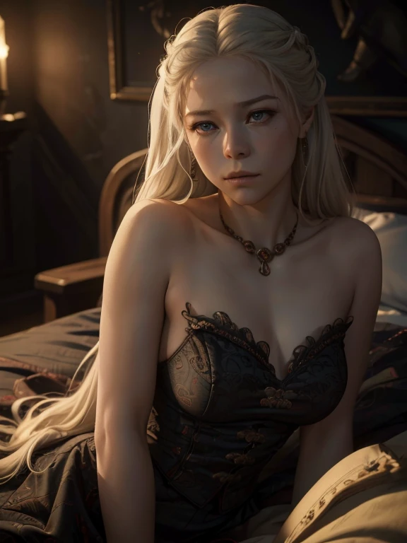 Rhaenyra lying on brothel bed, naked as a slave, beautiful detailed eyes, beautiful detailed lips, extremely detailed face and skin, long eyelashes, sensual expression, chiaroscuro lighting, dark moody atmosphere, cinematic composition, baroque style, rich colors, dramatic lighting, (best quality,4k,8k,highres,masterpiece:1.2),ultra-detailed,(realistic,photorealistic,photo-realistic:1.37)