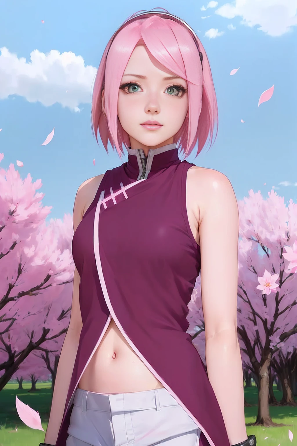 hyper realistic cute girl with pink hair and green eyes standing in a field, sakura haruno, haruno sakura, sakura haruno in slug sage mode, sakura petals around her, from naruto, pink iconic character, sakura kinomoto, as an anime character, inspired by Munakata Shikō, lush sakura, sakura season, with pink hair