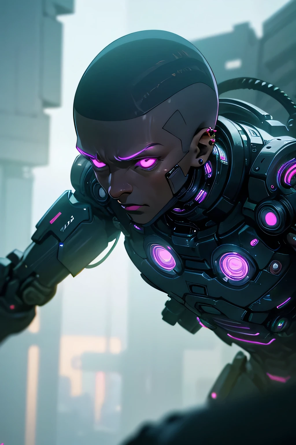 Humenoid black man with a short fade haircut, septum ring, and ear piercings, in a cyberpunk-inspired masterpiece, ultra-detailed, 8k, photorealistic, dramatic lighting, neon city backdrop, intricate mechanical elements, glowing cybernetic implants, moody color palette, cinematic composition