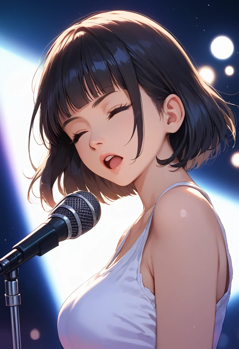 score_9,score_8_up,score_7_up,masterpiece,best quality, source anime, realistic, super detailed, extreme detailed, rating_safe,
1girl, singing, from side, (close-up face:1.3), microphone, microphone stand,
BREAK girl, 22yo, short hair, bob cut, (blunt bangs), black hair, (tareme, detailed cute brown eyes), curled eyelashes, (large breasts:0.9),
shiny hair, beautiful detailed eyes, beautiful face,
white tanktop, (mustache),
(serious, closed eyes, wide open mouth:1.3),
live stage, rock stage, on stage, colorful lighting,