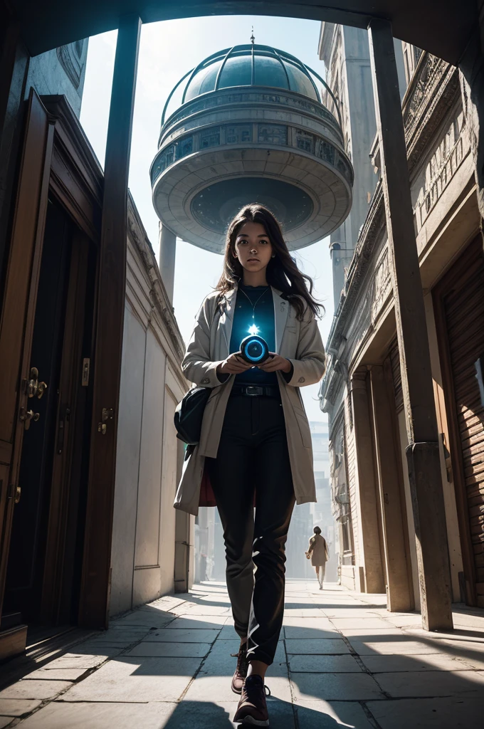 The cover features Sofia, a young scientist with brown hair and a determined look, wearing a lab coat. It is positioned in the center of the image, holding a small, futuristic device that emits an intense light, symbolizing his invention. Behind her, a series of time portals shaped like spirals of light extend, each leading to different eras represented in an artistic way.

to the left, the portal reveals a scene from the 1980s: a city with buildings and cars of the time, people wearing vintage clothes, and a young female figure, Who is Sofia's mother?, involved in a heated argument, hinting at his mysterious activities. Elements such as period newspapers and old technological devices can be subtly incorporated into the background.

On the right, another portal shows a futuristic vision of the year 2124: a city with skyscrapers of advanced architecture, flying vehicles, and interactive holograms. Em primeiro plano, futuristic scientists, including a possible descendant of Sofia, discuss technology and ethics, highlighting the social advances and challenges of the future.

Ao fundo, centralized between portals, an abstract timeline unfolds, connecting past, present and future, with important dates and small icons representing historical events and scientific discoveries. There are also solar energy symbols, floating graphs and equations, alluding to Sofia's original project.

No topo da capa, The title "The Temporal Crossing" is displayed in a font that mixes modern and classic styles, with a soft glow around, highlighting it against the dynamic background. down, O nome do autor(a) is placed in an elegant and readable font.

The core palette uses tons of blue, roxo e prata, symbolizing mystery and science, while touches of gold and red are used to highlight moments of discovery and danger. the lighting is dramatic, with lights and shadows that create a depth effect, reflecting the complexity