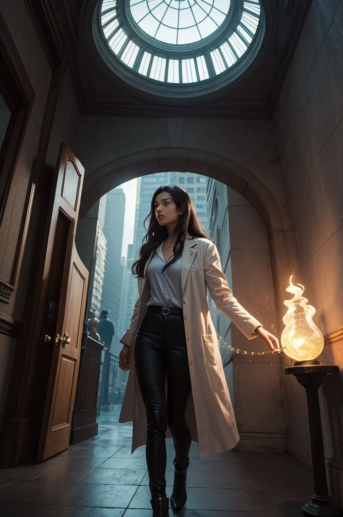 The cover features Sofia, a young scientist with brown hair and a determined look, wearing a lab coat. It is positioned in the center of the image, holding a small, futuristic device that emits an intense light, symbolizing his invention. Behind her, a series of time portals shaped like spirals of light extend, each leading to different eras represented in an artistic way.
to the left, the portal reveals a scene from the 1980s: a city with buildings and cars of the time, people wearing vintage clothes, and a young female figure, Who is Sofia's mother?, involved in a heated argument, hinting at his mysterious activities. Elements such as period newspapers and old technological devices can be subtly incorporated into the background.
On the right, another portal shows a futuristic vision of the year 2124: a city with skyscrapers of advanced architecture, flying vehicles, and interactive holograms. Em primeiro plano, futuristic scientists, including a possible descendant of Sofia, discuss technology and ethics, highlighting the social advances and challenges of the future.
Ao fundo, centralized between portals, an abstract timeline unfolds, connecting past, present and future, with important dates and small icons representing historical events and scientific discoveries. There are also solar energy symbols, floating graphs and equations, alluding to Sofia's original project.
No topo da capa, The title "The Temporal Crossing" is displayed in a font that mixes modern and classic styles, with a soft glow around, highlighting it against the dynamic background. down, O nome do autor(a) is placed in an elegant and readable font.
The core palette uses tons of blue, roxo e prata, symbolizing mystery and science, while touches of gold and red are used to highlight moments of discovery and danger. the lighting is dramatic, with lights and shadows that create a depth effect, reflecting the complexity