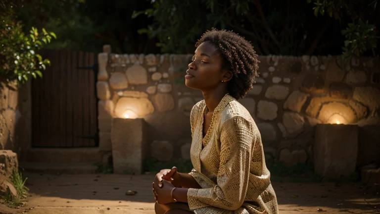 An African woman in deep contemplation, surrounded by the natural beauty of the village, with a soft glow symbolizing her inner voice.