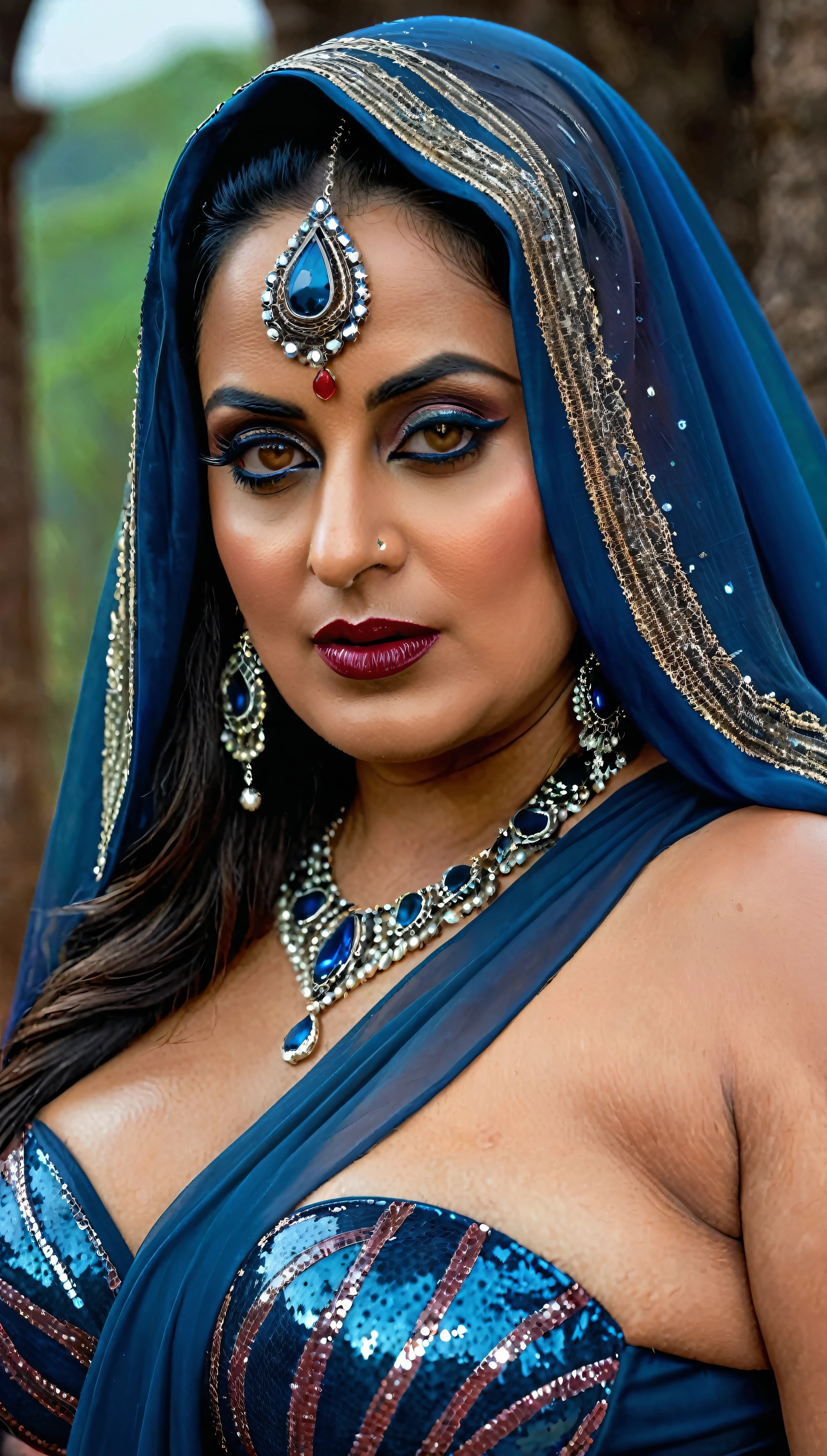 Looks like Mahie Gill, full body Closeup shot, Big chubby aunty, milf, cougar lady witch, fierce eyes, evil seductress, wide body, horny Gothic milf, 60 years old gorgeous mature lady, evil mommy, satan mommy, naughty evil momma , pervert demoness, demoness of lust, curvy, black lips, horny face, extremely gorgeous, thick figure, heavy physique, voluptuous, curvy, sexy figure, Fashionable portrait of androgynous alien looking witch wearing veil, glowing eyes, futuristic design, minimal details, givenchy, photoreal, 200mm, hd, f/ 2.0, highly detailed, surreal, sexy beautiful evil woman, sexy bold sequin Saree with strapless Bra, chudail, Pishachini, horror genre, blood-thirsty enchantress, powerful female spirit, eerie, drop dead, in the style of red and blue, (intricate details, hyperdetailed:1.15) (skin texture:1.2), dark Moody tone, cinematic lighting, haunted place in background, evil seductress, veins in the body, lifelike texture, sensual, (wet, oil-lubricated),(sweaty),
