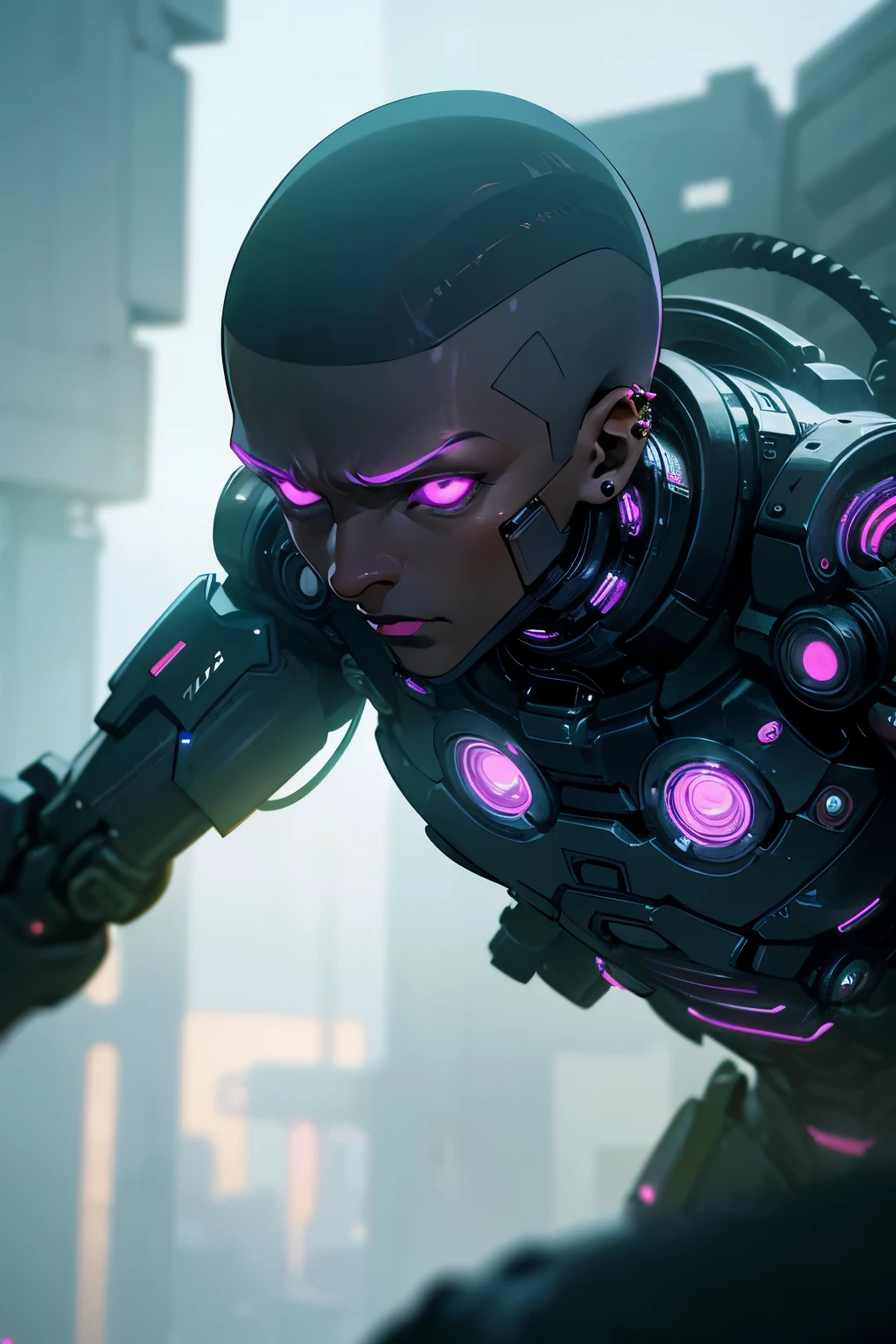 Humenoid black man with a short fade haircut, septum ring, and ear piercings, in a cyberpunk-inspired masterpiece, ultra-detailed, 8k, photorealistic, dramatic lighting, neon city backdrop, intricate mechanical elements, glowing cybernetic implants, moody color palette, cinematic composition