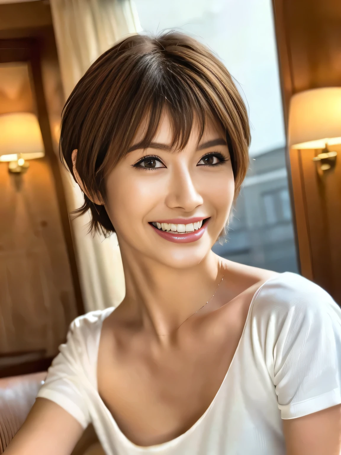 grin, pixie cut, depth of field, first-person view, uhd, anatomically correct, high details, best quality, 8k, One Japanese woman、30 years old、Close-up photo with focus on face、background:hotel lobby、Focused eyes、Detailed eyes、Detailed face、Light brown hair、White T-shirt、Brown eyes、Smiling with teeth showing、