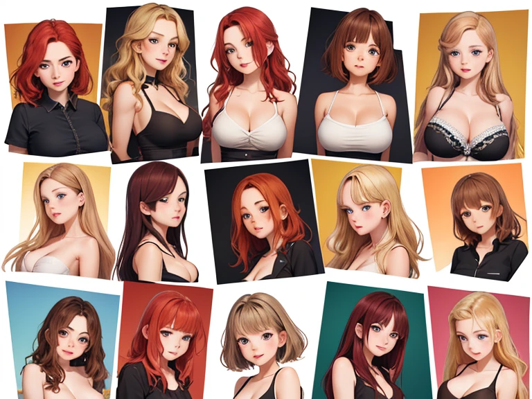 (Best quality, masterpiece), group photo of 8 very different beautiful students, different emotions, Free poses, Different hair colors(among them there is only one red-haired girl, 3 blondes, 2 brown-haired and 2 brunettes), Different hairstyles, different hair lengths, different eye colors, Different physiques, Different breast sizes, (There's definitely 1 modest little Asian brunette with a flat chest, 1 muscular blonde athlete with short hair, 1 long haired redhead, 1 shameless brunette hippie with pigtails, 1 effeminate brown-haired young man with a flat chest, 1 short shameless brown haired lesbian with huge breasts), graduation photo album, beautiful faces, upper body