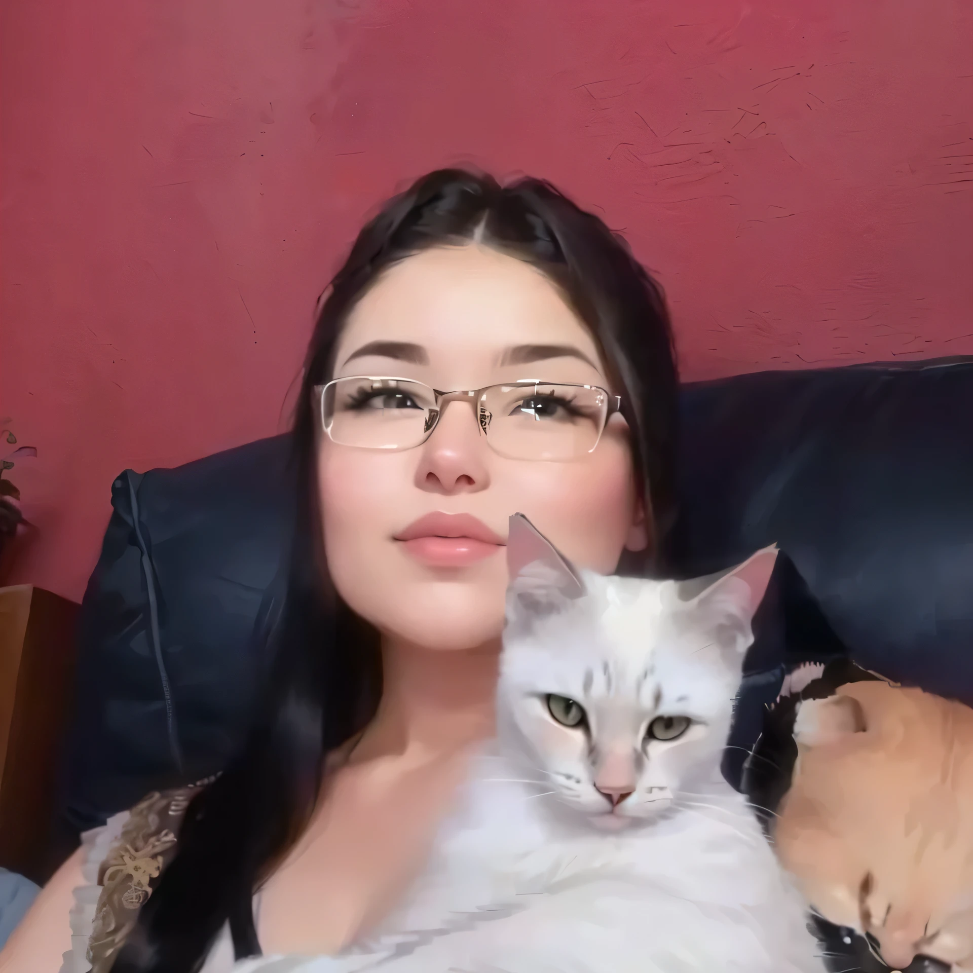 Woman in glasses holding a cat in her lap on a couch, with kitten on lap, she is holding a cat in her arms, big cheeks holding her cat, There is a cat next to her, Woman / cat hybrid, Woman and cat, profile image, Ayahausca, lorena avarez, profile pic, photo realist