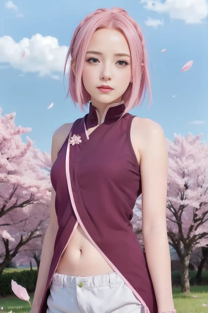 hyper realistic cute girl with pink hair and green eyes standing in a field, sakura haruno, haruno sakura, sakura haruno in slug sage mode, sakura petals around her, from naruto, pink iconic character, sakura kinomoto, as an anime character, inspired by Munakata Shikō, lush sakura, sakura season, with pink hair