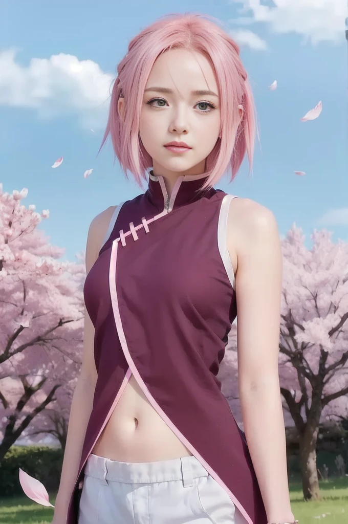 hyper realistic cute girl with pink hair and green eyes standing in a field, sakura haruno, haruno sakura, sakura haruno in slug sage mode, sakura petals around her, from naruto, pink iconic character, sakura kinomoto, as an anime character, inspired by Munakata Shikō, lush sakura, sakura season, with pink hair