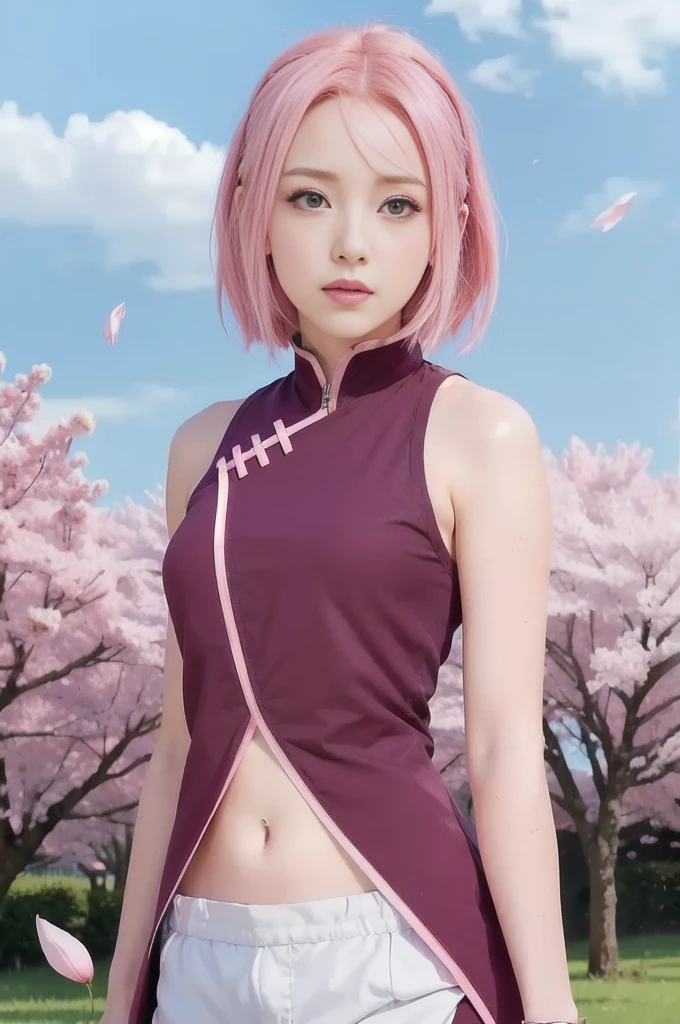 hyper realistic cute girl with pink hair and green eyes standing in a field, sakura haruno, haruno sakura, sakura haruno in slug sage mode, sakura petals around her, from naruto, pink iconic character, sakura kinomoto, as an anime character, inspired by Munakata Shikō, lush sakura, sakura season, with pink hair