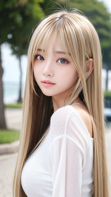 Sexy big 、Sexy cute looks and cute 15 year old beautiful girl, Beautiful and sexy face、A strong wind blows my hair in front of my face、Long, metallic blonde straight hair、Long, cute and sexy eyes、Hidden in the long bangs