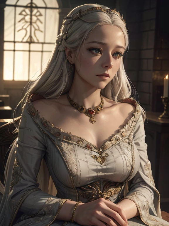 a photorealistic detailed painting of Rhaenyra, beautiful detailed eyes, beautiful detailed lips, extremely detailed face and skin, long eyelashes, regal woman in a tight silver dress hugging her curves, cinched at the waist, dramatic lighting, intricate fabric textures, medieval fantasy, ornate jewelry, complex background with castle architecture