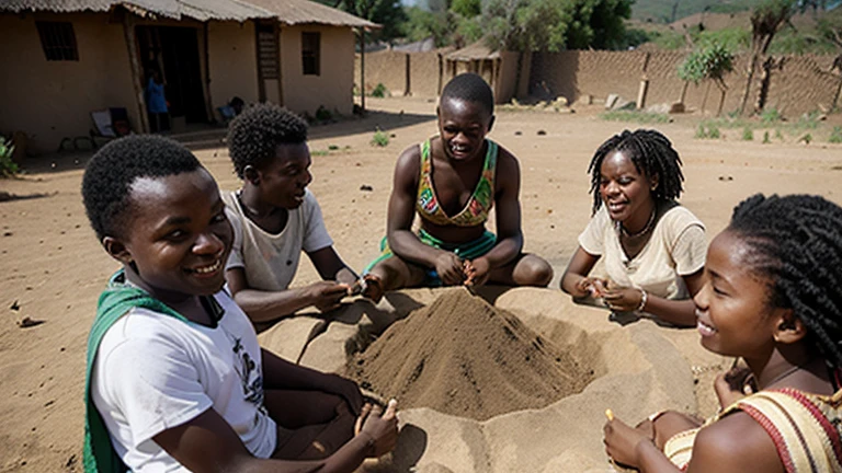 An African group of villagers working together on a community project, with Baraka at   the center, smiling and leading the effort.