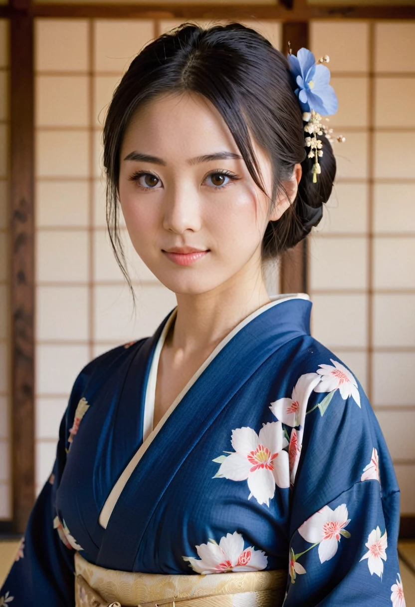 Front view , ((Close up, standing on tatami), a Japanese ancient girl, looking at viewer, (beautiful Japanese Young General, girl is 20 years old), (Highly detailed face, Black hair ,Brown eye, Variegated eyes, Fuller lips, little Lips, little smile), (middle breasts, middle hip), (Japanese kimono, background cloth indigo blue ,flower pattern), standing in Japanese Palace, on Garden, sunrise ,(masterpiece, Highest quality, masterpiece, God-like quality, Godly art, , Very realistic)