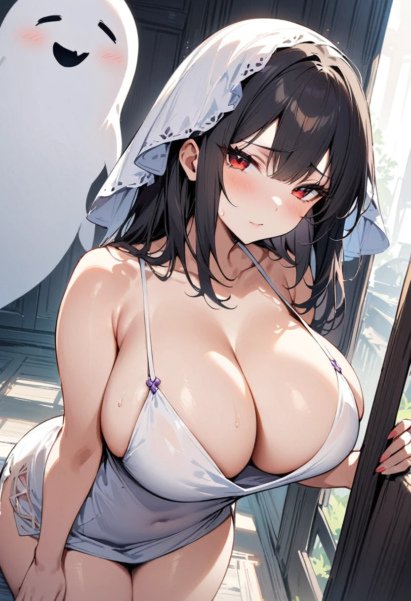 ((Best Quality)), ((masterpiece)), (detailed), 1 girl, ghost, black hair, long, Hair covers half of the face, Red eyes, big breasts, big thighs, shy expression, pale white skin, White dress, looking at the viewer, view from behind, backward