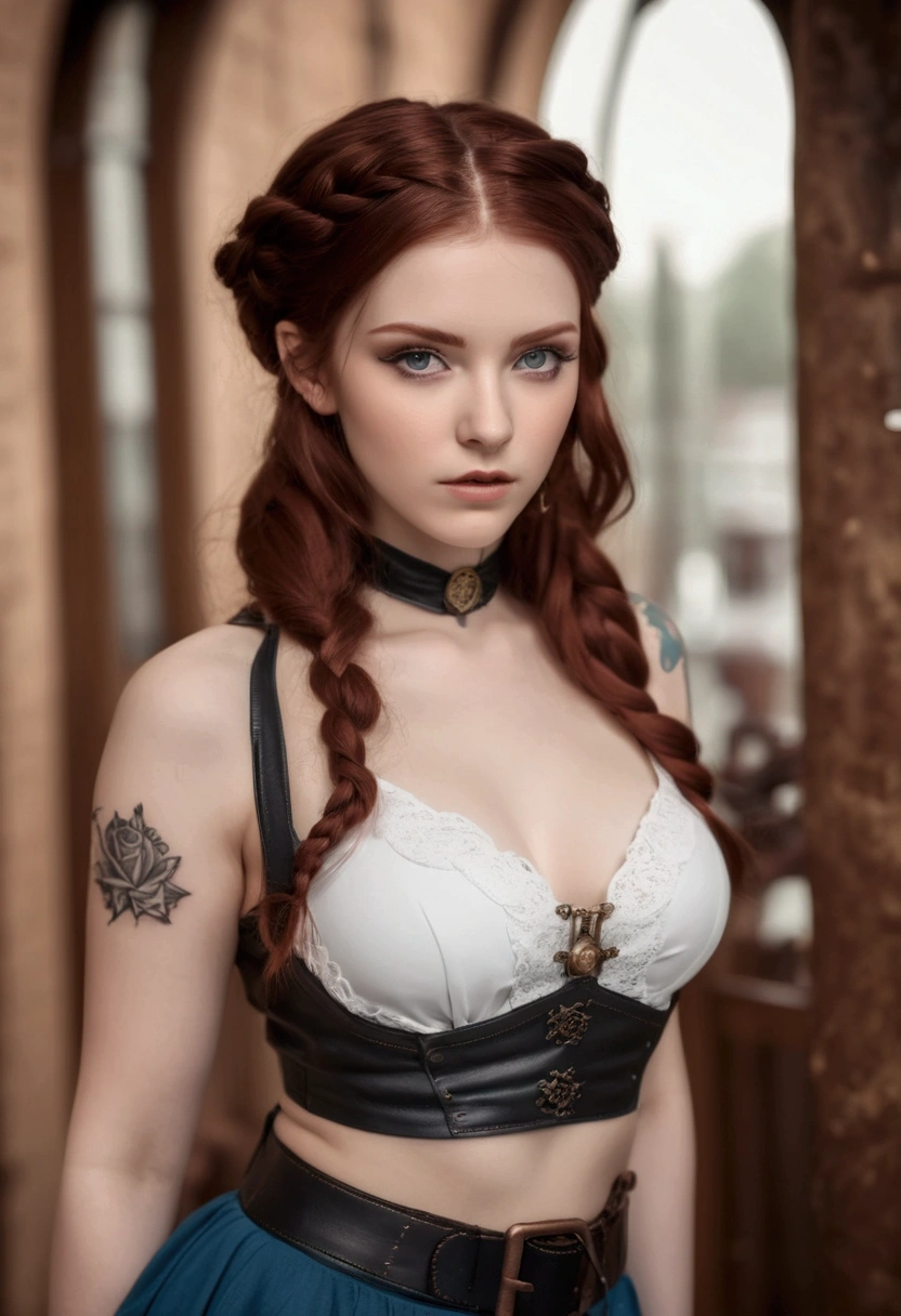 an steampunk girl at a , (white crop top:1.2), small breast, black and blue leather, tattoo, hyper detailed, ultra sharp, long auburn hair in braids, 8k, (insanely detailed:1.5), full body photograph, 20 megapixel, canon eos r3, detailed skin, pale skin