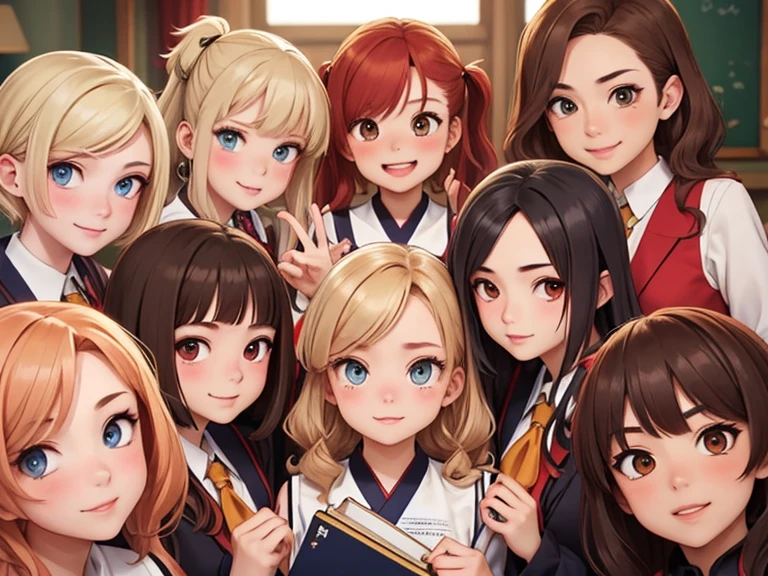 (Best quality, masterpiece), group photo of 8 very different beautiful students, different emotions, Free poses, Different hair colors(among them there is only one redhead, 3 blondes, 2 brown-haired and 2 brunettes), Different hairstyles, different hair lengths, different eye colors, Different physiques, Different breast sizes, (There is definitely 1 gloomy Asian brunette in the photo, 1 short-haired light duck, 1 long haired redhead, 1 brunette hippie with pigtails), graduation photo album, beautiful faces, upper body