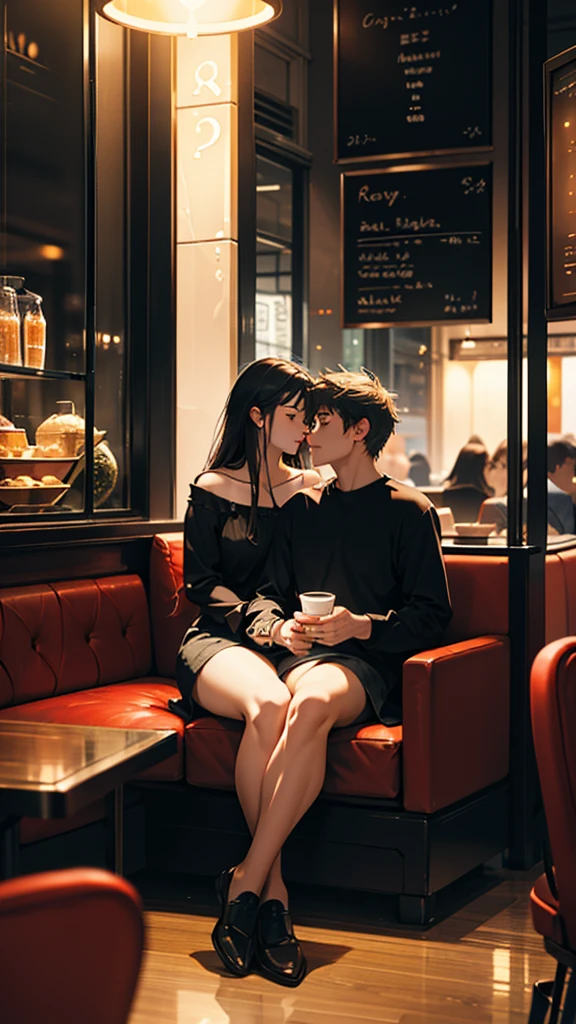 A young couple romantic mood, is sitting inside a cafe. The girl is wearing short clothes with, big hips, Colorful lights are burning in the cafe. Moody color, Sharpness
