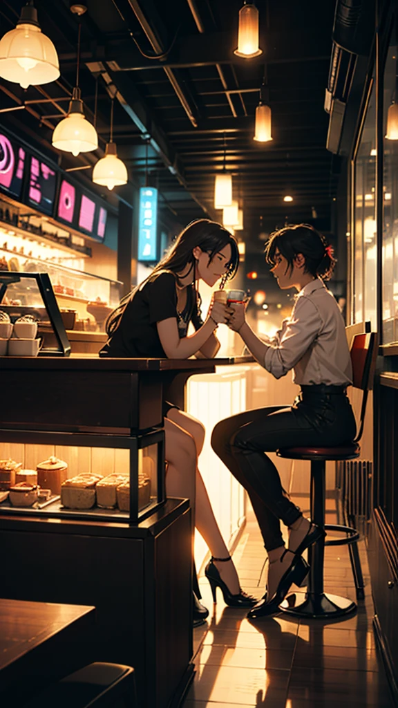 A young couple romantic mood, is sitting inside a cafe. The girl is wearing short clothes with, big hips, Colorful lights are burning in the cafe. Moody color, Sharpness