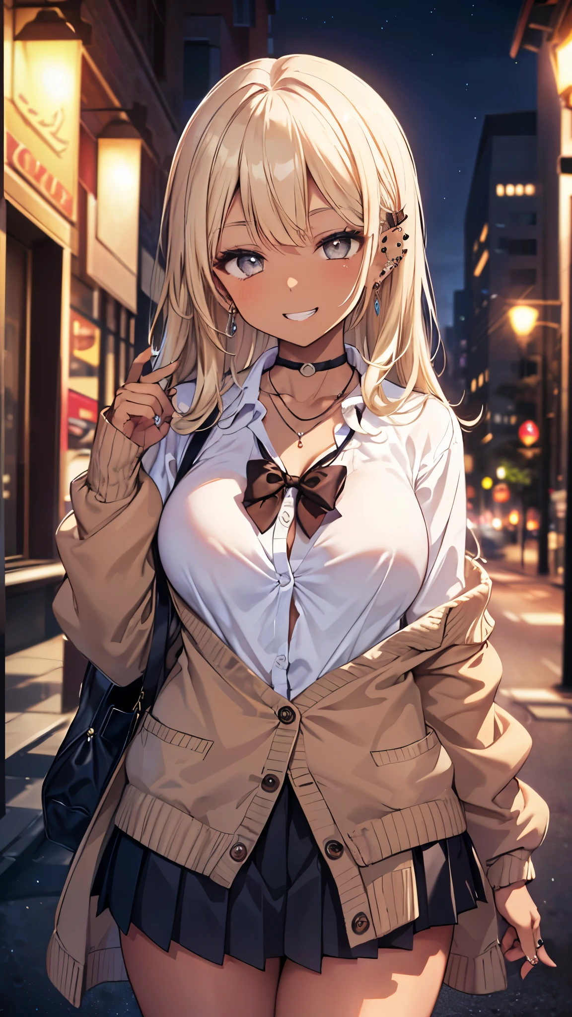 (masterpiece、Highest quality、Very detailed))、One girl、gyaru、((Brown skin:1.3))、Blonde、Long Hair、straight hair、Grey Eyes、evil smile、((Grin))、((lots of piercing))、Large Breasts、((Open white shirt))、necklace、A bow tie、((brown cardigan))、((Black pleated skirt))、Thick waist、Thick thighs、Cowboy Shot、((night))、Downtown background