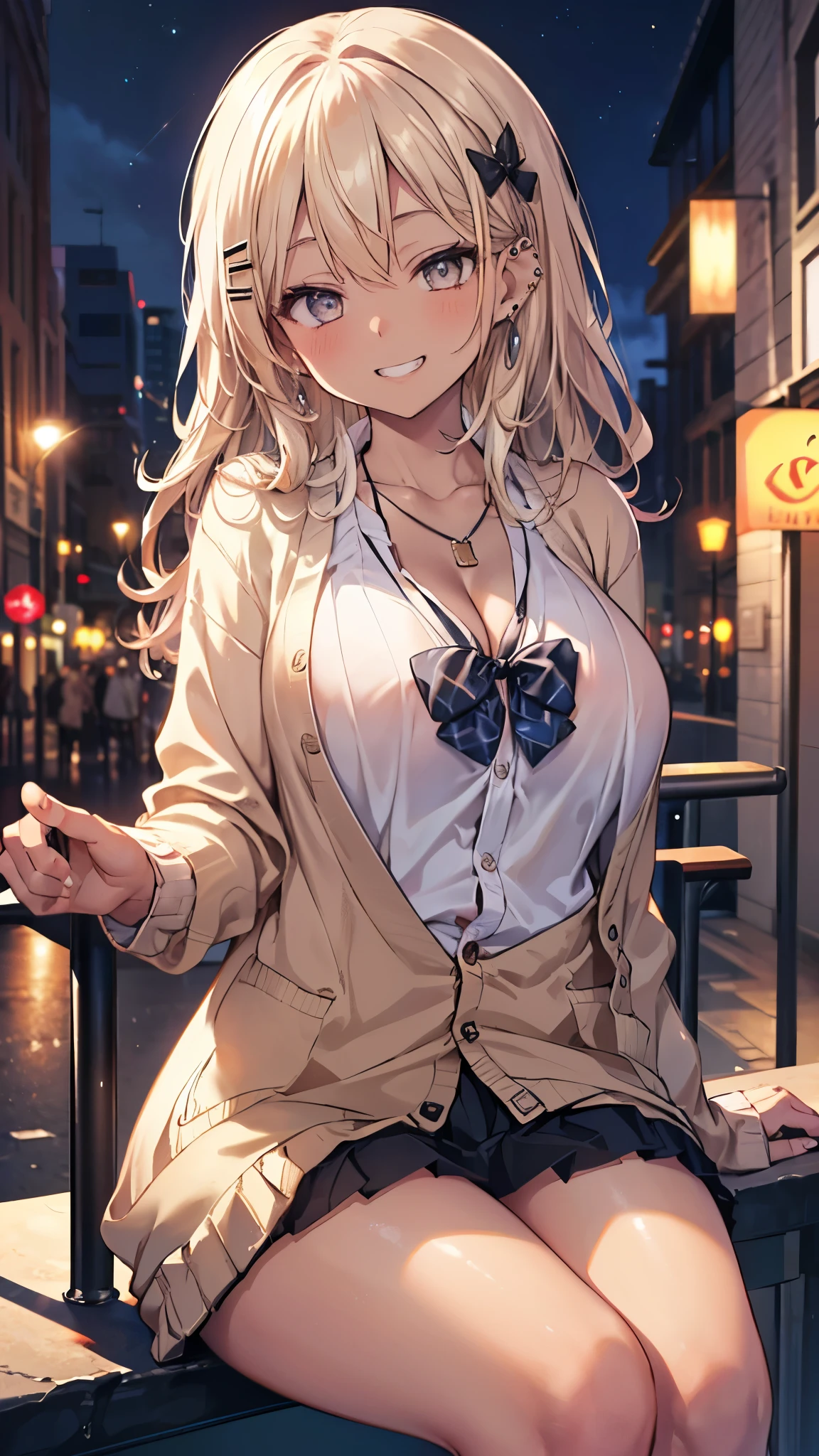 (masterpiece、Highest quality、Very detailed))、One girl、gyaru、((Brown skin:1.3))、Blonde、Long Hair、straight hair、Grey Eyes、evil smile、((Grin))、((lots of piercing))、Large Breasts、((Open white shirt))、necklace、A bow tie、((brown cardigan))、((Black pleated skirt))、Thick waist、Thick thighs、Cowboy Shot、((night))、Downtown background