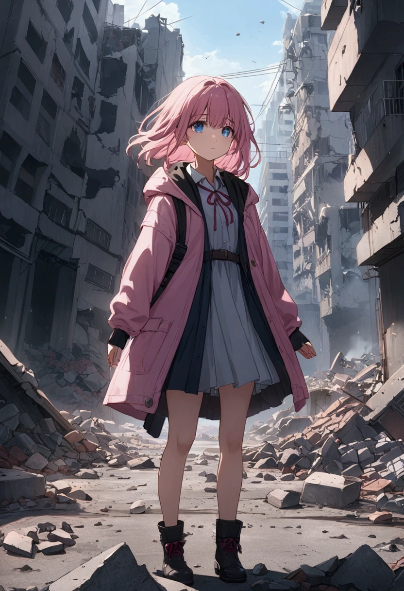 Debris、piece、concrete、Destroyed City、Standing Girl、、Girl with pink hair、blue eyes、Twin Drill、A scene from a movie