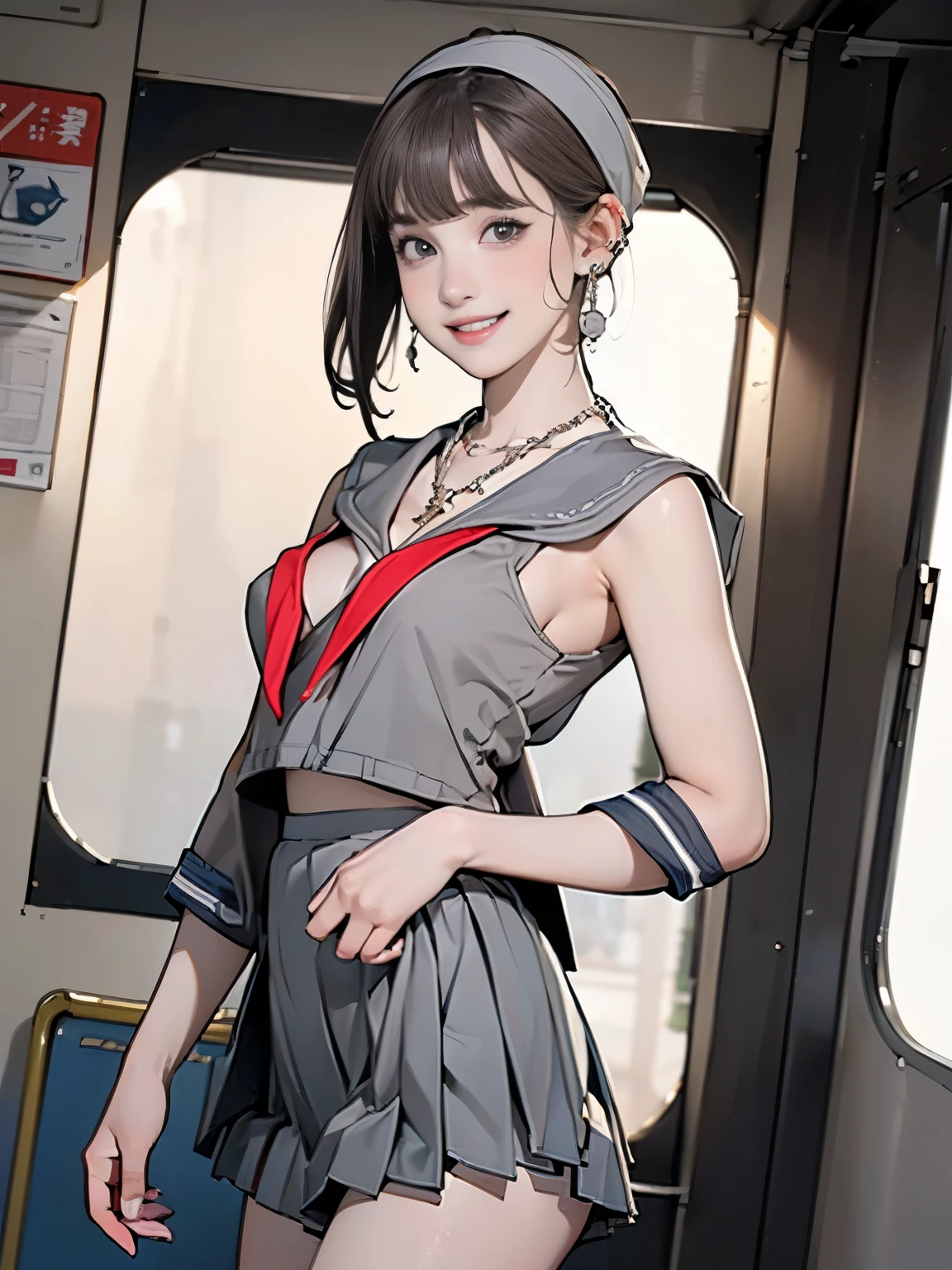 ((((Highest quality))))、(((Ultra-precision CG16K wallpaper)))、(((masterpiece)))、(((Super detailed)))、(((Extreme detail)))、((1Mature 29 year old woman:1.6))、((Very beautiful Japan face of a person))、((Urizane Face:1.8))、((Short bob straight hair、blunt bangs:1.6))、(Shiny Hair)、A delicately drawn beautiful face、(Dark Eyes、Detailed pupil and iris、Reflected light from the eye)、double eyelid、High nose、Small nostrils、Small Mouth、Seductive lips、Beautiful breasts、((B cup size breasts))、Cleavage、A small vertical belly button、Delicate nails、Beautiful feet、((Thin thighs))、eight-headed body、Perfect proportions、Perfect Anatomy、Perfect composition、Beautiful detailed shading、Beautiful, natural lighting、Beautiful detail glow、Depth of written boundary、(((High chroma)))、(((Real:1.9)))、((vivid:1.5))、((Beautiful Skin))、((Skin Texture))、((Realな皮膚感))、(((Cowboy Shot:1.6)))、(((front view、shoot from front、front low angle:1.6)))、(((smile:1.6)))、(((looking at camera:1.6)))、Bright daylight、Natural light、(((A woman is standing on a train:1.6)))、(Standing pose:1.6)、(((High school girl sailor suit&Light gray low rise pleated mini skirt:1.6)))、((hair band、necklace、Wearing earrings:1.5))、