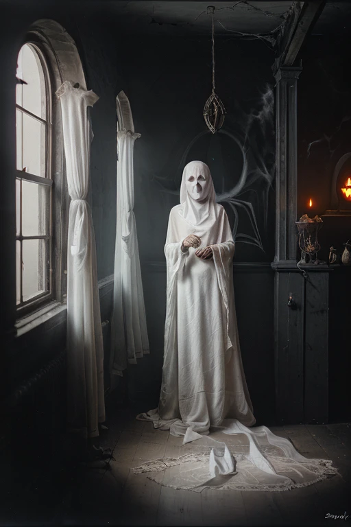 (analog photo:1.2),((Art Retouching),mysterious ritual,close (Spooky ghost:1.3) Dark stone room、Dusty basement, Spider web, Torn cloth, Looking at the camera,Foggy, Film Grain, analog, Bokeh, Lomography Color Negative 400),(midnight, high quality, Film Grain), (Natural Color, Correct White Balance, Color Correction, Haze Removal,Clarity)