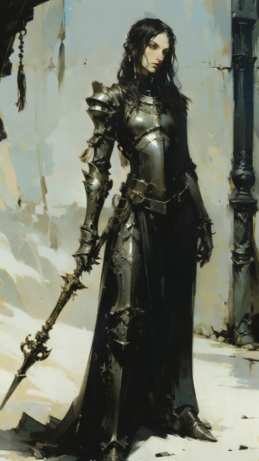 holding a spear, intricate detail, heavy armor, full plate mail, large tassels and beads,