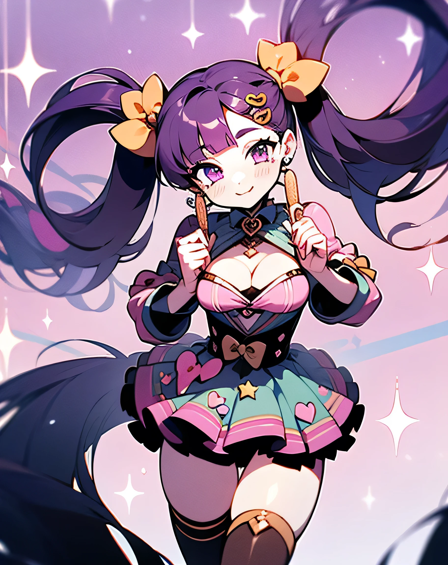 (masterpiece), (HDR), absurdres, (best quality), (ultra high quality), (hi-res), (1girl), (((pastel purple eyes))), beautiful detailed eyes, detailed eyes, , (((dark purple hair))), bangs, short side locks, (big thick twintails), (long straight hair), ((two gold hair ties)), (medium breast), skirt, collared shirt, ruffles, sleeve cuffs, ((thighhighs)), (zettai ryouiki), (thin waist), ((thigh gap)), (happy expression), halfbody, portrait, ice cream, napolitan flavor, ((color palette: brown, pink, vanilla off-white)), pretty, hearts, sparkles, star effects, bokeh, cute, happy, jumping floating, pattern background, ice cream shop, icecream car, 🍦🍨🍭, tasty trifecta of classic ice cream flavors, decora, hairclips, harajuku fashion outfit, harajuku