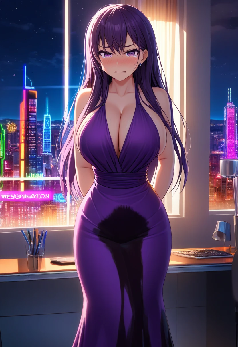 woman, very dark purple hair, purple eyes, long hair, large breasts, very long dress, very tight dress, standing straight, (wetting herself:1.5), best quality, ultra-detailed, HDR, studio lighting, professional, vivid colors, sharp focus, bokeh, landscape, office, night, window, cityscape, colorful city, neon lights, futuristic, science fiction, soft lighting, dynamic shadows, (embarrassed:1.5), (humiliation:1.5), b(lushing:1.5), (angry:1.25), (tears:1.5), facing viewer, (hands on hips:1.5)