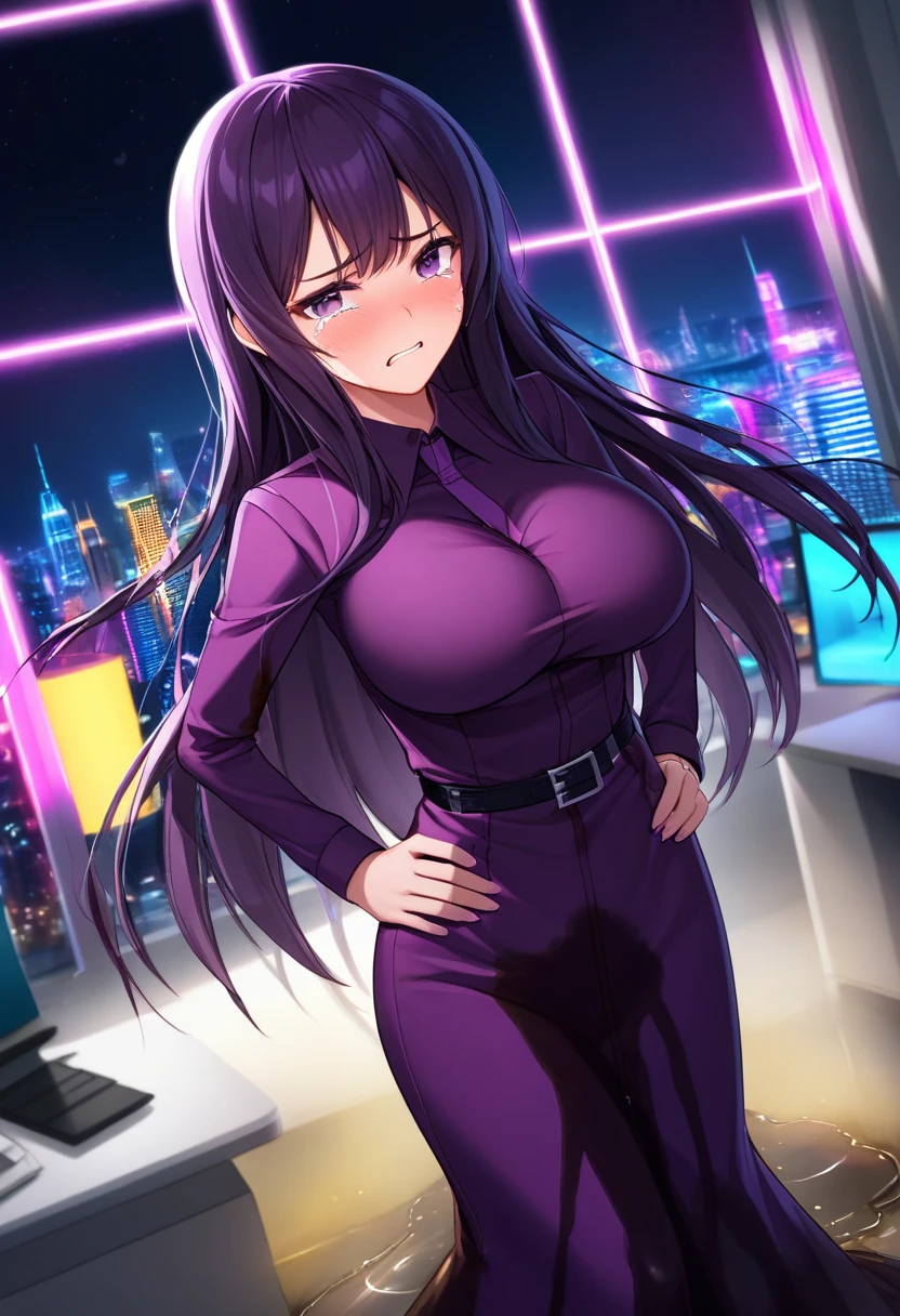 woman, very dark purple hair, purple eyes, long hair, large breasts, very long dress, very tight dress, standing straight, (wetting herself:1.5), best quality, ultra-detailed, HDR, studio lighting, professional, vivid colors, sharp focus, bokeh, landscape, office, night, window, cityscape, colorful city, neon lights, futuristic, science fiction, soft lighting, dynamic shadows, (embarrassed:1.5), (humiliation:1.5), b(lushing:1.5), (angry:1.25), (tears:1.5), facing viewer, (hands on hips:1.5)