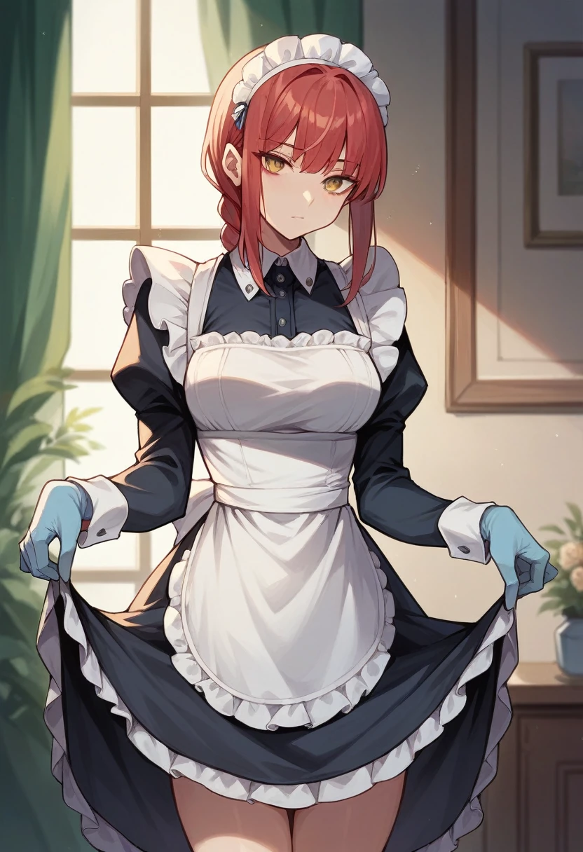 1girl, makima, ((blue ruber gloves)), (maid uniform), ((long sleeves)), looking at viewer, standing, solo
