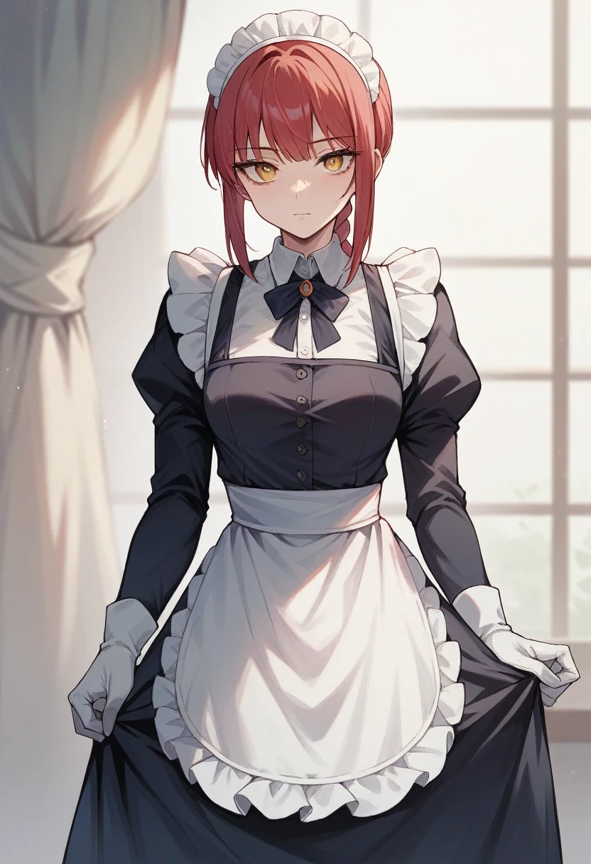 1girl, makima, ((blue ruber gloves)), (maid uniform), ((long sleeves)), looking at viewer, standing, solo
