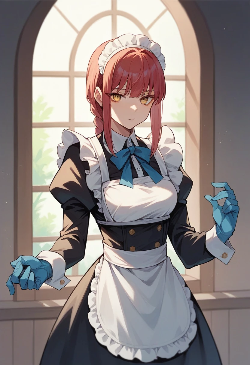 1girl, makima, ((blue ruber gloves)), (maid uniform), ((long sleeves)), looking at viewer, standing, solo