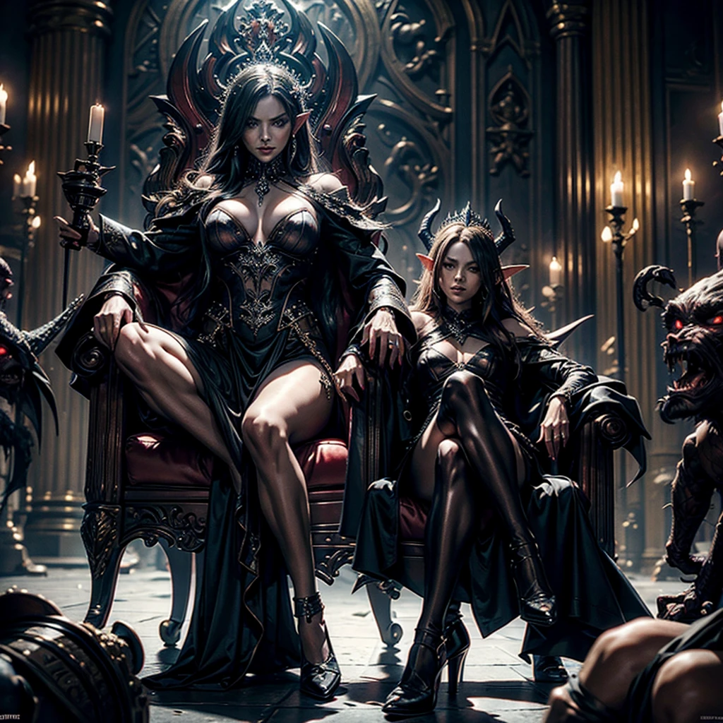 a demonic woman sitting on a throne, around her sinister and evil goblins,hyper-realistic, cinematic, 8k, ultra-detailed, masterpiece