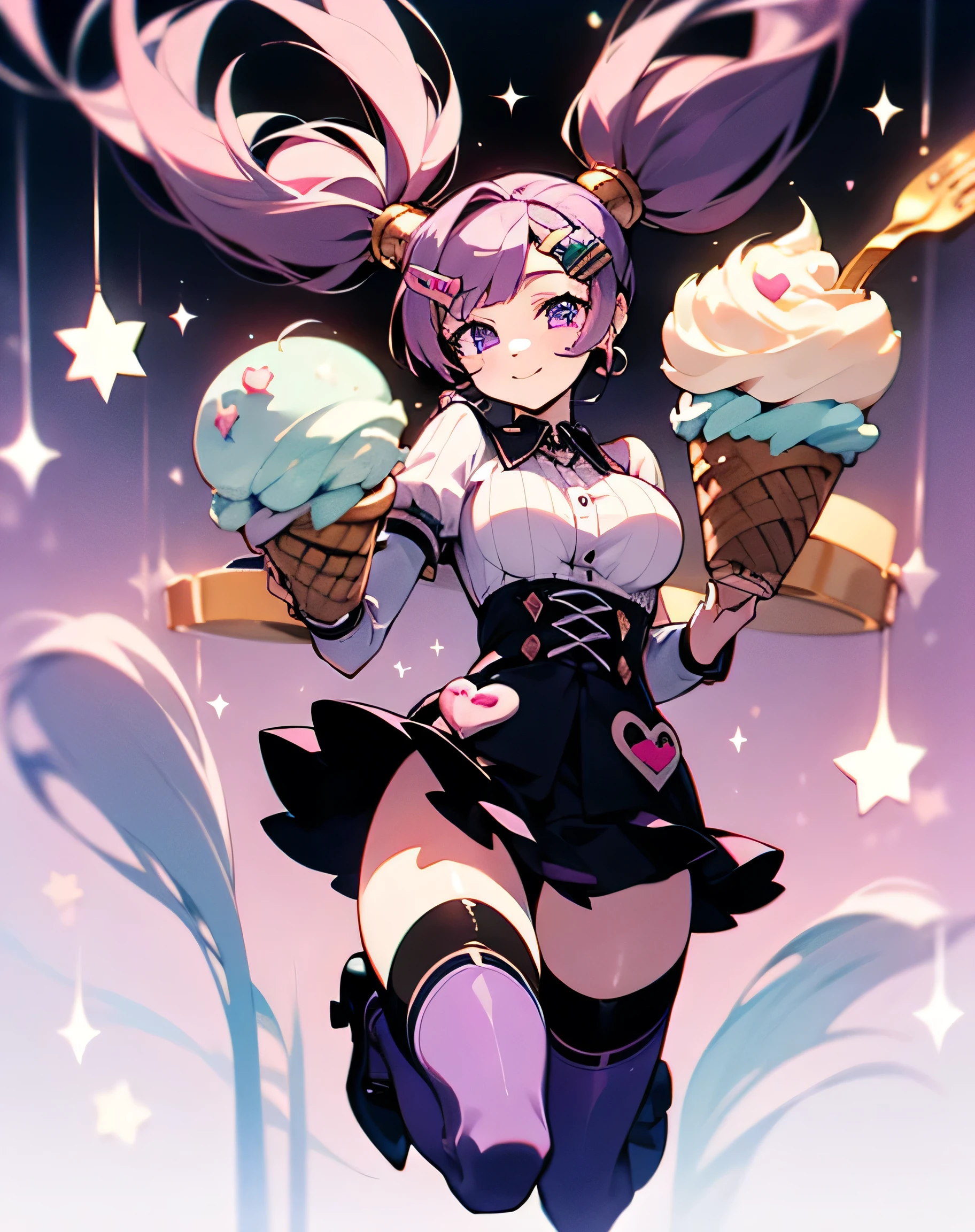 (masterpiece), (HDR), absurdres, (best quality), (ultra high quality), (hi-res), (1girl), (((pastel purple eyes))), beautiful detailed eyes, detailed eyes, teen, (((dark purple hair))), bangs, short side locks, (big thick twintails), (long straight hair), ((two gold hair ties)), (medium breast), skirt, collared shirt, ruffles, sleeve cuffs, ((thighhighs)), (zettai ryouiki), (thin waist), ((thigh gap)), (happy expression), halfbody, portrait, ice cream, napolitan flavor, ((color palette: brown, pink, vanilla off-white)), pretty, hearts, sparkles, star effects, bokeh, cute, happy, jumping floating, pattern background, ice cream shop, icecream car, 🍦🍨🍭, tasty trifecta of classic ice cream flavors, decora, hairclips, harajuku fashion outfit, harajuku