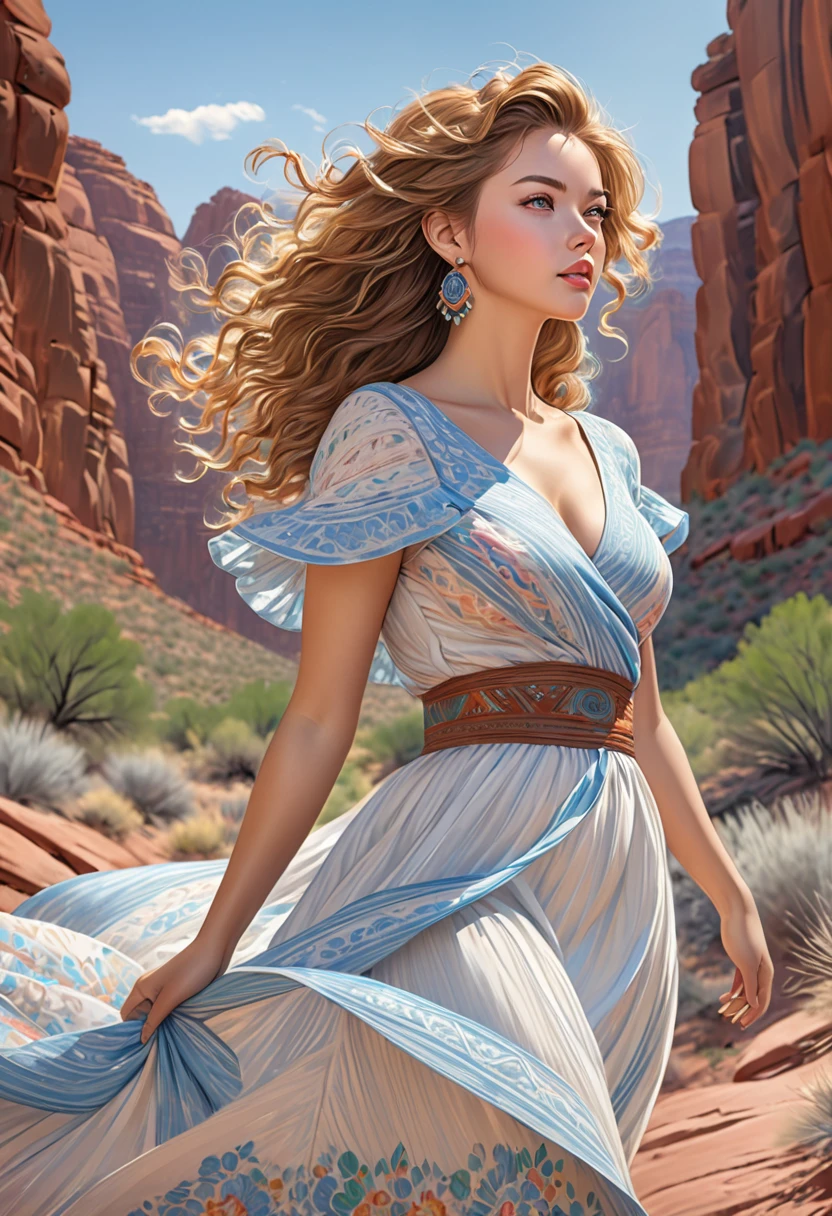 A colored pencil sketch of A beautiful woman with the appearance of Masiela Lusha, with hair that is coarse, wiry, and tightly curled. It often has a rough texture, feels stiff to the touch, and may be prone to frizz and tangling. curls can be densely packed.  Long southwestern style dress, hoop earing and jewelry. Skirts billowing in breeze. The Official Art – An Award-Winning Digital Masterpiece In 4K Ultra HD, Extreme Detail And Intricate Realism. This Concept Art Brought To Life By The Hands Of Artists Like Wlop & Artgerm In A Stunning 2D Vector Illustration. . LArge, perky, voluptuous, cleavage full, well shaped pleasing breasts. Background is a panoramic vista of redrock canyon.