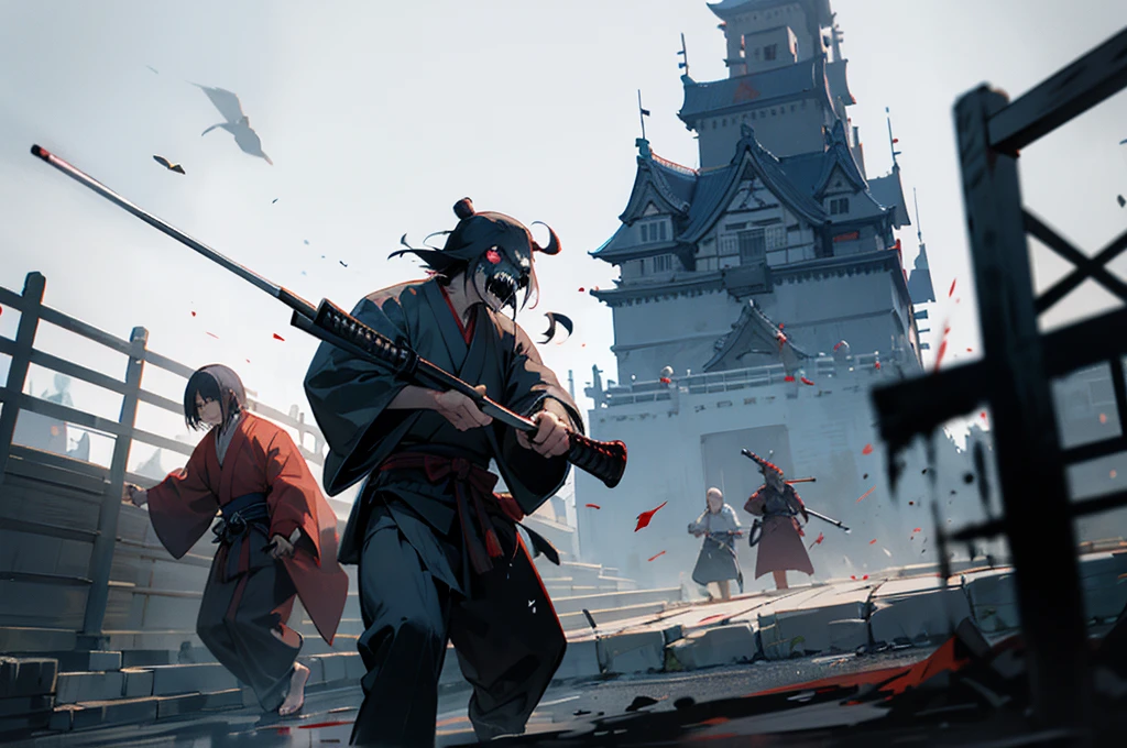 Zombie, shotgun, bloods, samurai, holding, japanese castle, nightmare,