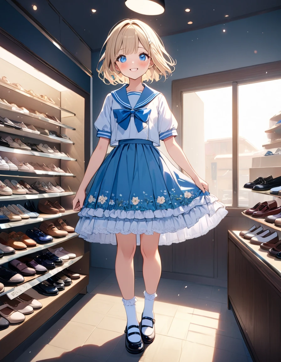 (8K, best quality, master piece: 1.2),super high resolution,1 idol,solo,,ultra-detailed face,detailed eyes,Beige hair,short hair,floating hair,blue eyes,lash extension,happy,nose blush,floral pattern sailor collar loliashionin(Light blue:1.4),Short sleeves,fullbody,standing,bobby socks,mary janes,rim right,indoors Shoe Store