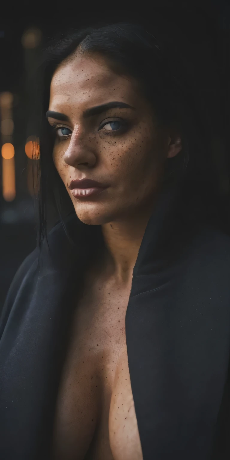 (best quality, hyperdetailed photography:1.2), beautiful lady, freckles, dark makeup, soft light, head and breast portrait, cover, (detailed beautiful face, detail skin texture, ultra-detailed body:1.1) ,((massive perfect breast)), ((snoopy breast:1.1)),((apocalyptic warrior:1.0)), strong body, red black hair, dark yellow eyes,,,,long open black coat, ((night , gloomy foggy,old town,)), sexy dress