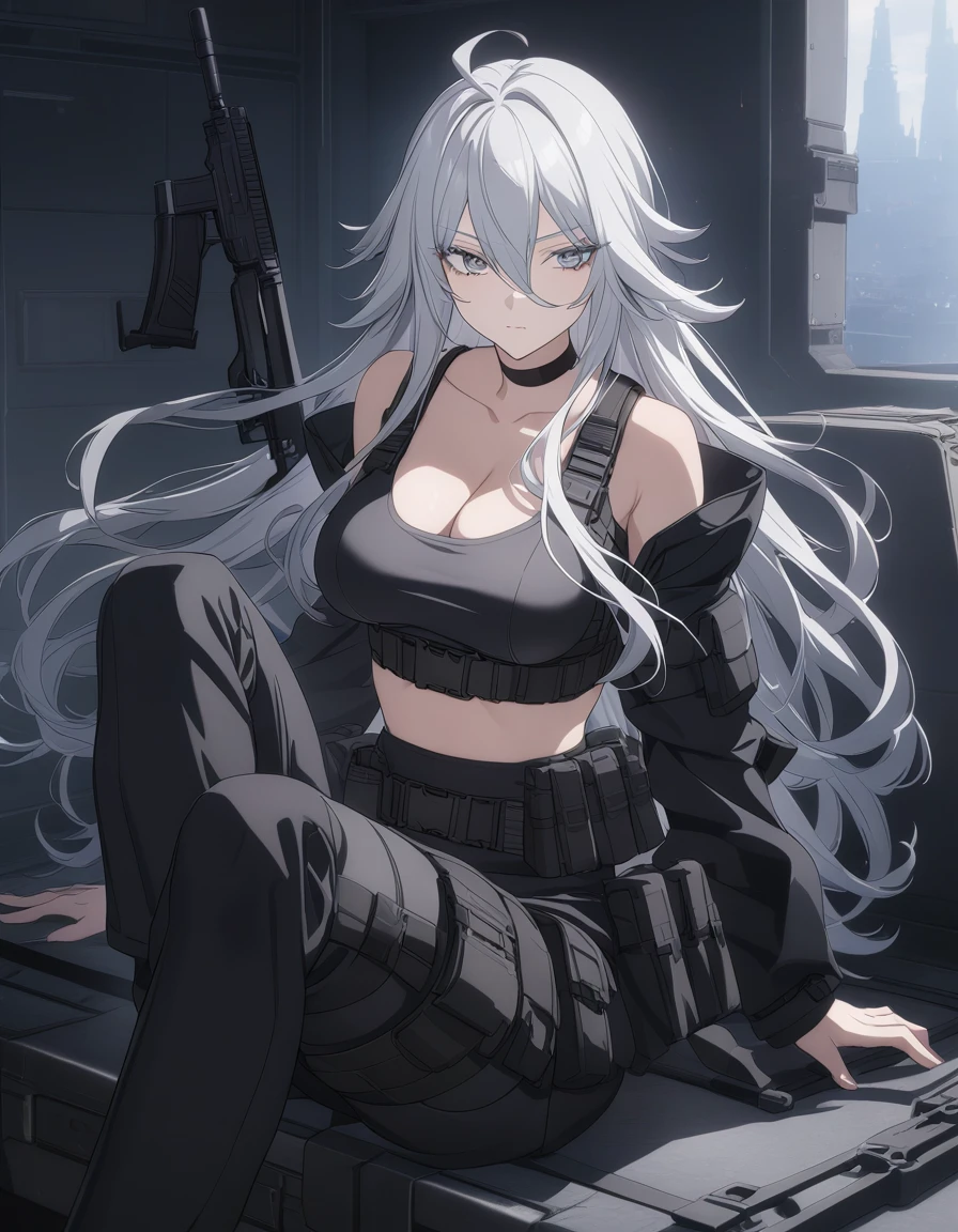 sovetsky_Soyuz's hairstyle, grey hair, long hair, tactical jacket, military gear, black pants, midriff, choker, webbed belt, body armor, chest olate, tactical, pouches, large breasts, grey eyes, sharp eyes, Long eyelashes, eye shadow, ominous vibe, expressionless, stoic, relaxing, Ultra quality, UHD, high detail, anime aesthetic, Anime screenshot, Ultra quality, UHD, high detail, Armory, cargo hold, gun, assault rifle, sitting.